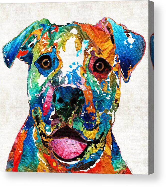 Dog Acrylic Print featuring the painting Colorful Dog Pit Bull Art - Happy - By Sharon Cummings by Sharon Cummings