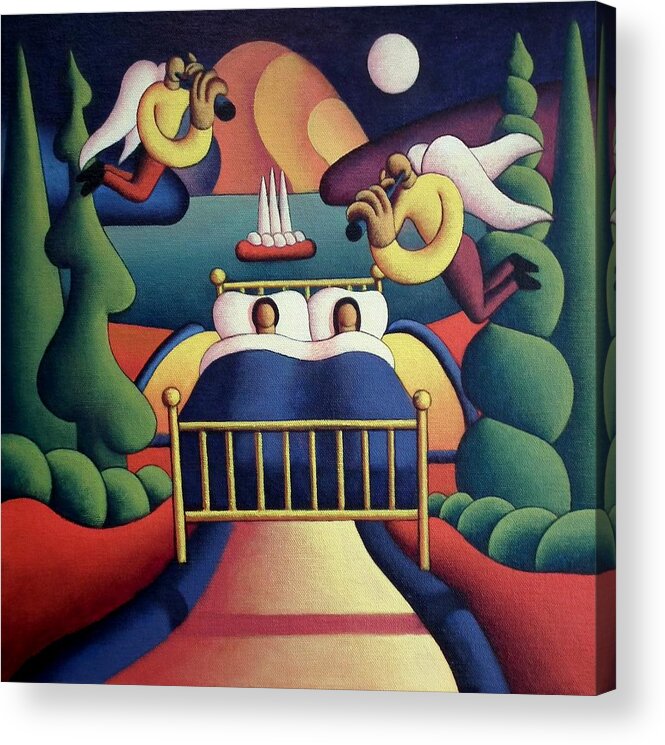 Couple Acrylic Print featuring the painting Couple in bed in landscape with angels by Alan Kenny