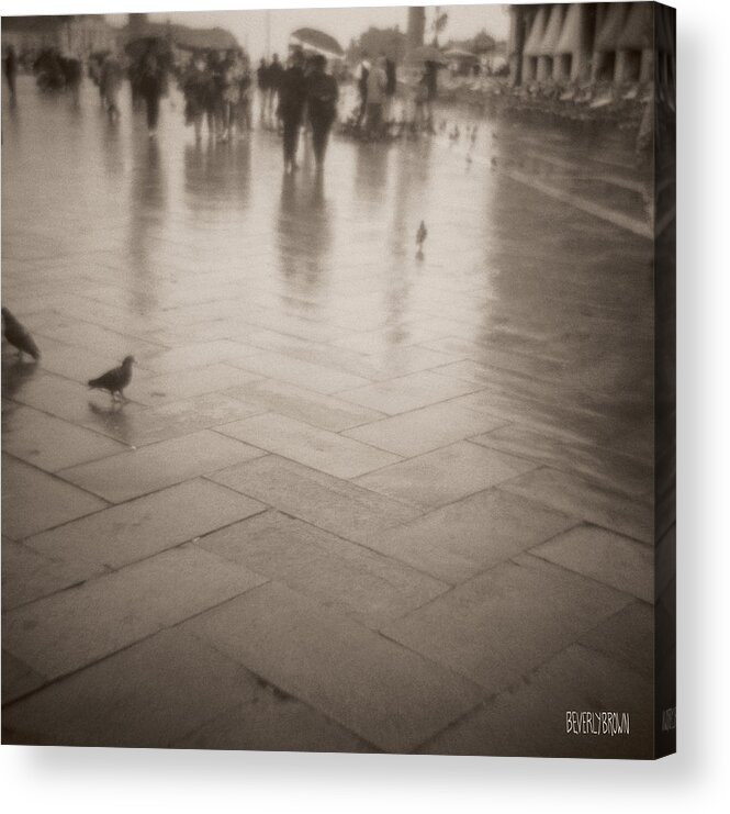 Sepia Acrylic Print featuring the photograph Couple Walking in the Rain San Marco by Beverly Brown