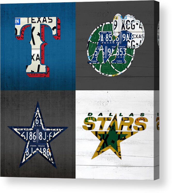 Dallas Acrylic Print featuring the mixed media Dallas Sports Fan Recycled Vintage Texas License Plate Art Rangers Mavericks Cowboys Stars by Design Turnpike