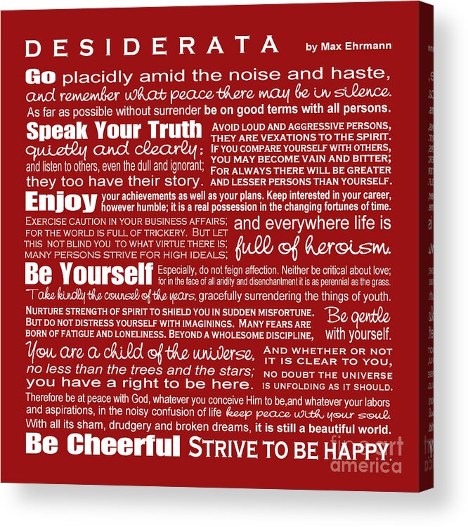 Desiderata Acrylic Print featuring the digital art Desiderata - Red by Ginny Gaura