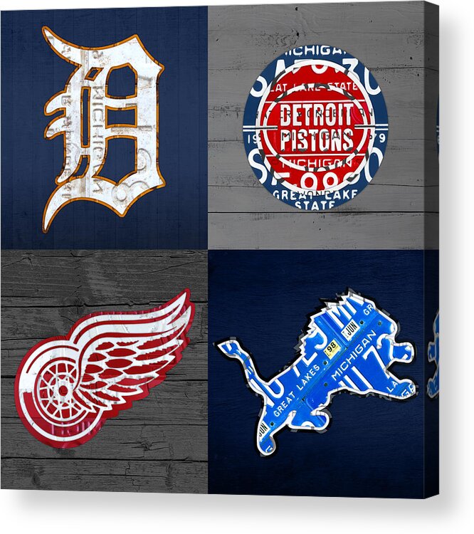 Detroit Acrylic Print featuring the mixed media Detroit Sports Fan Recycled Vintage Michigan License Plate Art Tigers Pistons Red Wings Lions by Design Turnpike