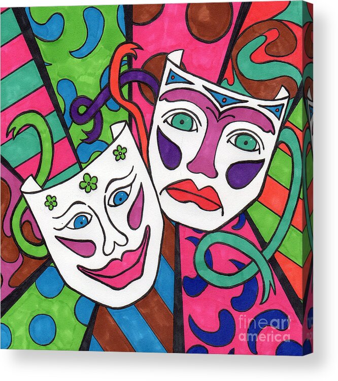 Drama Acrylic Print featuring the drawing Drama Masks by Susan Cliett