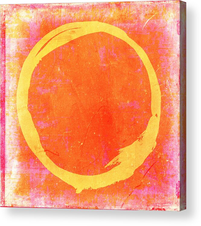 Yellow Acrylic Print featuring the painting Enso No. 109 Yellow on Pink and Orange by Julie Niemela
