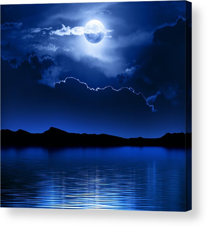 Moon Acrylic Print featuring the photograph Fantasy Moon and Clouds over water by Johan Swanepoel