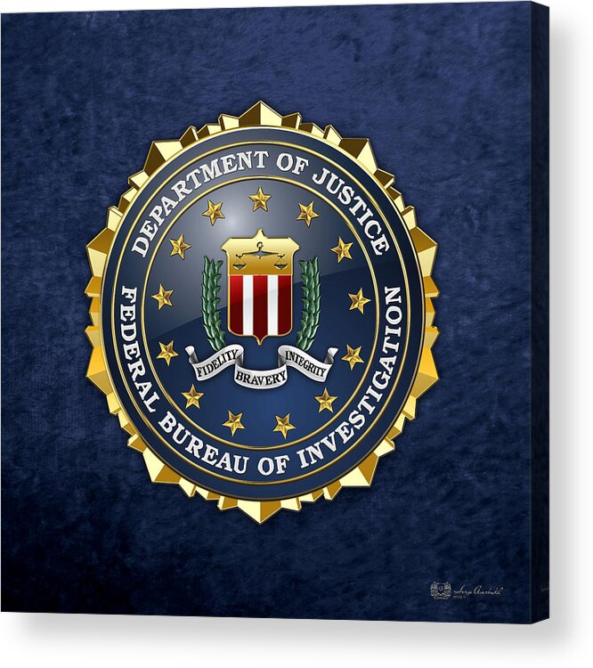 'military Insignia & Heraldry 3d' Collection By Serge Averbukh Acrylic Print featuring the digital art Federal Bureau of Investigation - F B I Emblem on Blue Velvet by Serge Averbukh