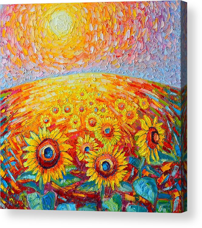 Sunflower Acrylic Print featuring the painting Fields Of Gold - Abstract Landscape With Sunflowers In Sunrise by Ana Maria Edulescu