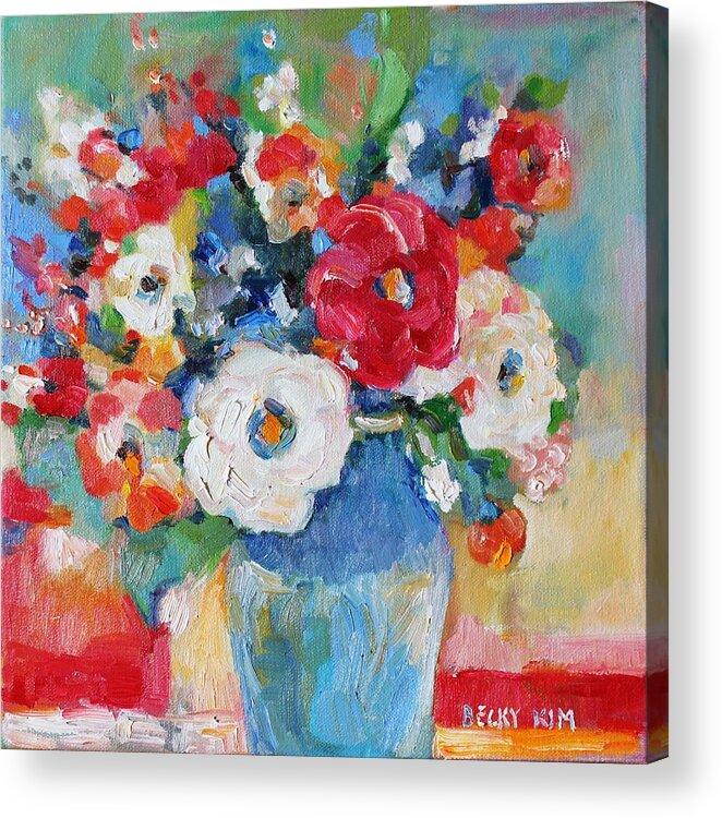 Oil Acrylic Print featuring the painting Flowers in Blue Vase 1 by Becky Kim