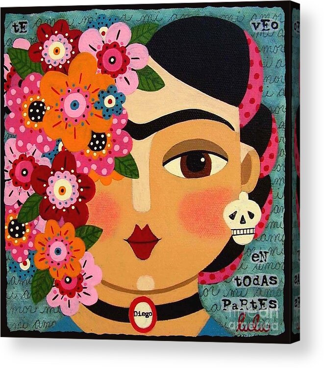 Frida Acrylic Print featuring the painting Frida Kahlo with Flowers and Skull by Andree Chevrier