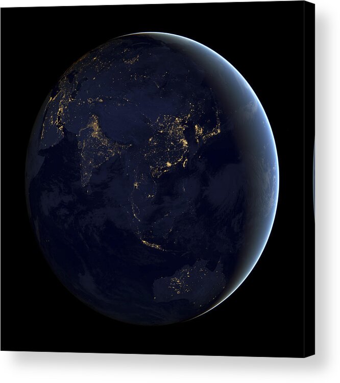 Continent Acrylic Print featuring the photograph Full Earth at night showing city lights of Asia and Australia. by Stocktrek Images