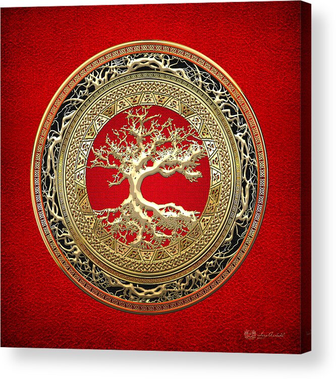 ‘celtic Treasures’ Collection By Serge Averbukh Acrylic Print featuring the digital art Golden Celtic Tree of Life by Serge Averbukh