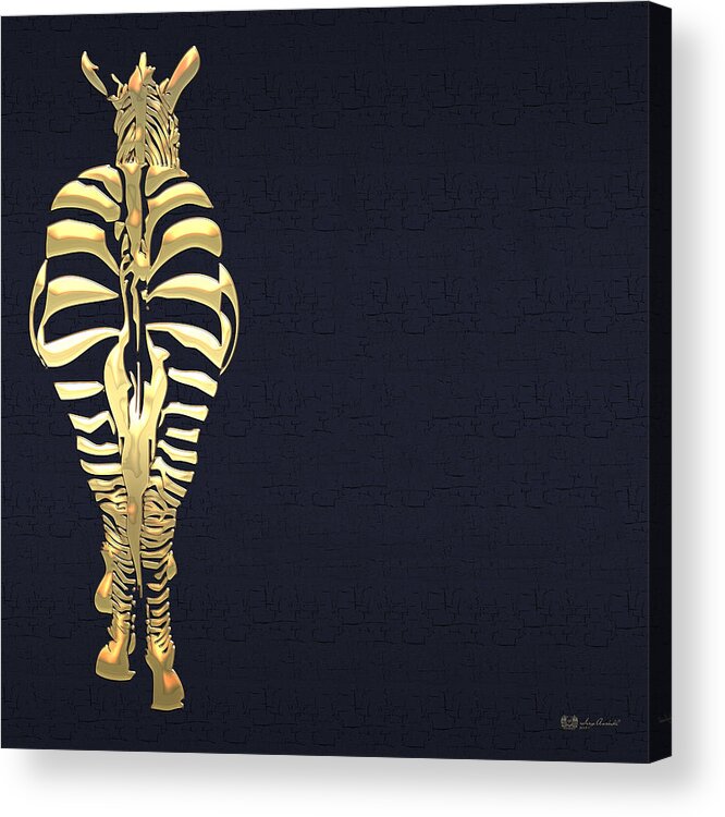'beasts Creatures And Critters' Collection By Serge Averbukh Acrylic Print featuring the digital art Golden Zebra on Charcoal Black by Serge Averbukh
