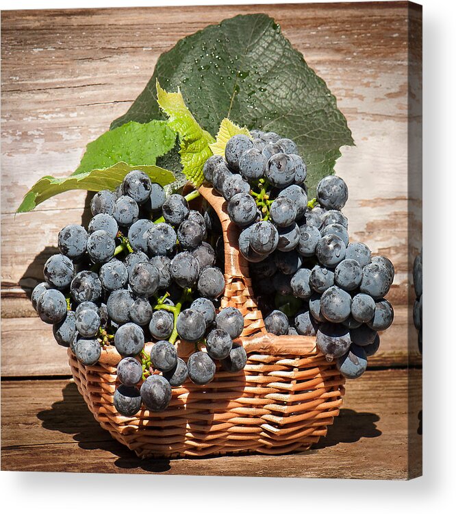Grapes Acrylic Print featuring the photograph Grapes And Leaves In Basket by Len Romanick