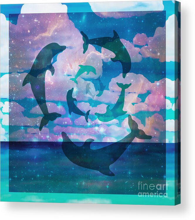 Dolphins Acrylic Print featuring the painting Green Dolphin Dance by Shelley Myers