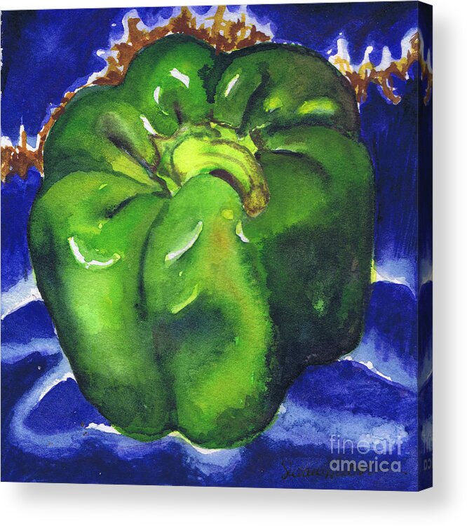 Green Acrylic Print featuring the painting Green Pepper on Blue Tile by Susan Herbst
