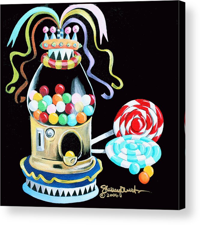 Gumball Machine Acrylic Print featuring the mixed media Gumball Machine and the Lollipops by Shelley Overton