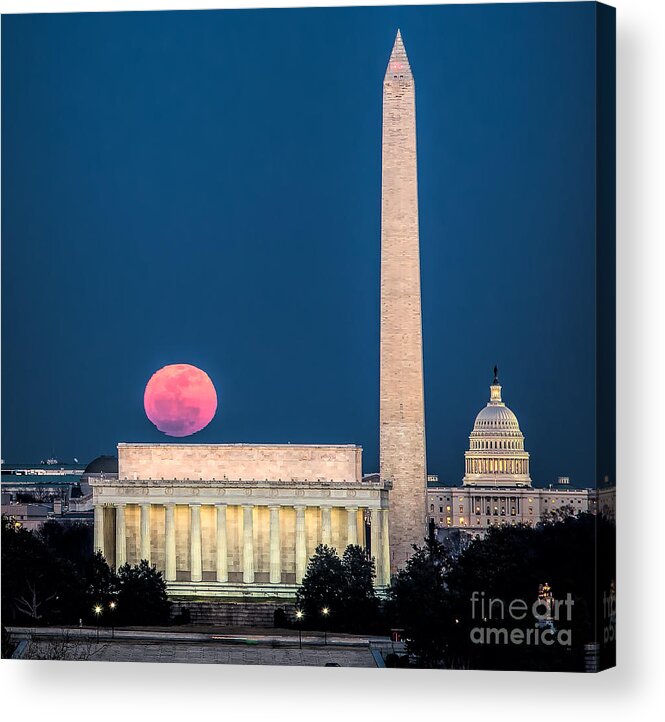 Washington Dc Acrylic Print featuring the photograph Harvest moon over Lincoln Memorial by Izet Kapetanovic