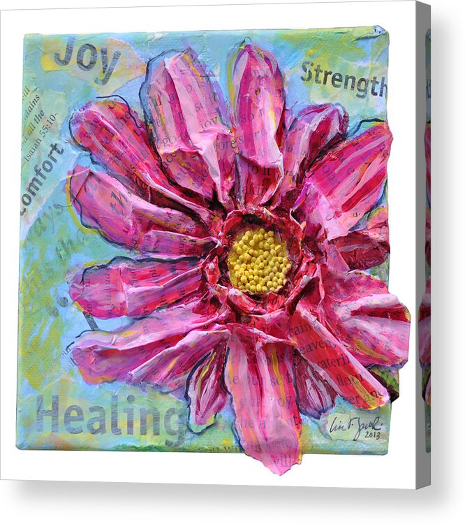 lisa Fiedler Jaworski Acrylic Print featuring the painting Healing Pink Zinnia by Lisa Jaworski
