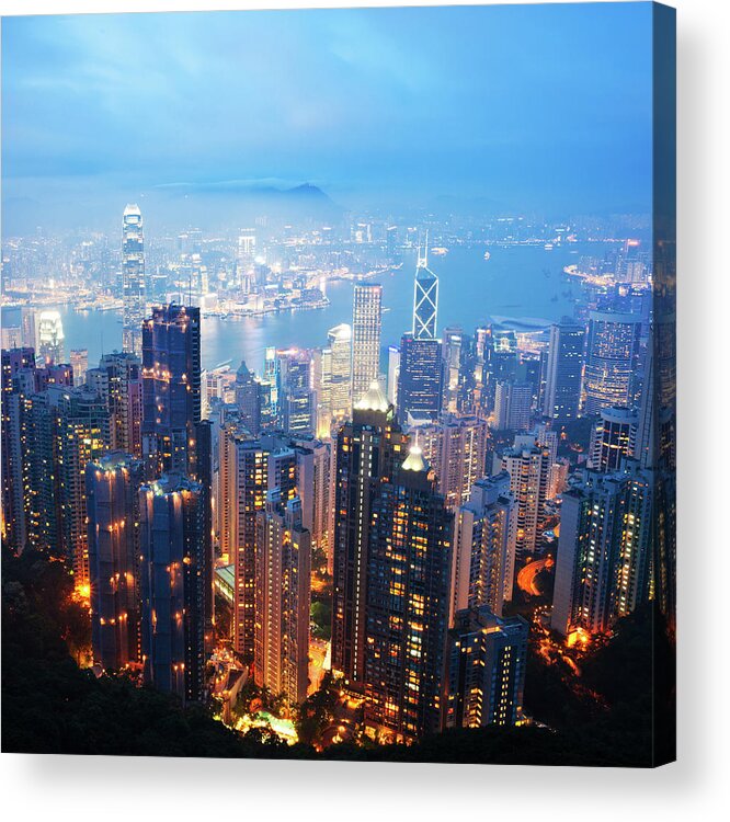 Scenics Acrylic Print featuring the photograph Hong Kong Skyscrapers At Night by Fzant