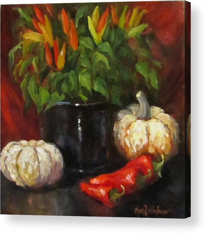 Hot Peppers Acrylic Print featuring the painting Hot Peppers and Gourds by Cheri Wollenberg