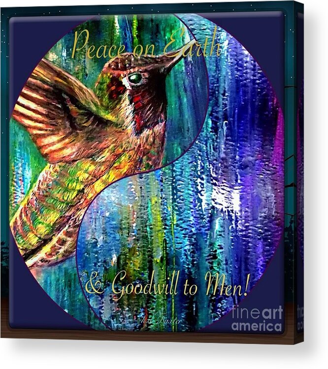 Colorful Hummingbird Serves As Powerful Symbol Or Mascot For Peace And Goodwill On Earth To Men Cool Colors Blue Golden Green With Cobalt Blue Luminous Reflecting Light Like Stained Glass Hummingbird Paintings Works Of Art Acrylic Print featuring the painting Hummingbird Mascot for Peace and Goodwill to Men by Kimberlee Baxter