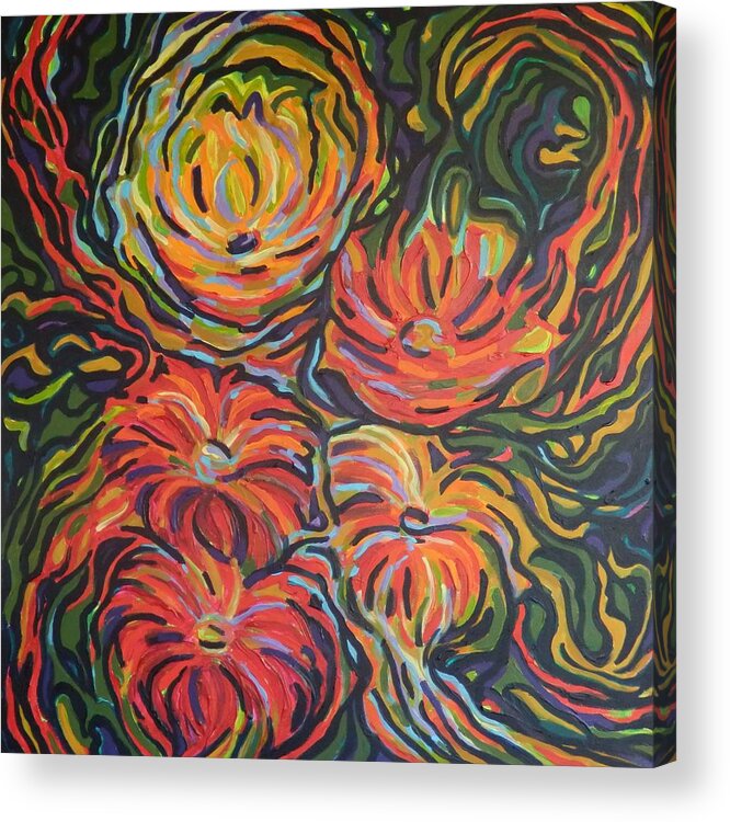 Zinnias Acrylic Print featuring the painting In full bloom by Zofia Kijak