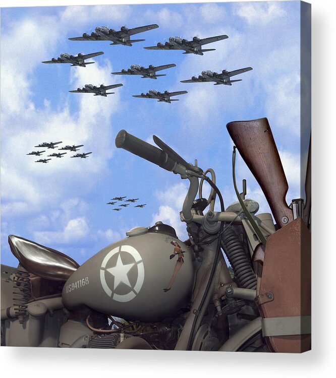 Ww2 Acrylic Print featuring the photograph Indian 841 And The B-17 Bomber SQ by Mike McGlothlen