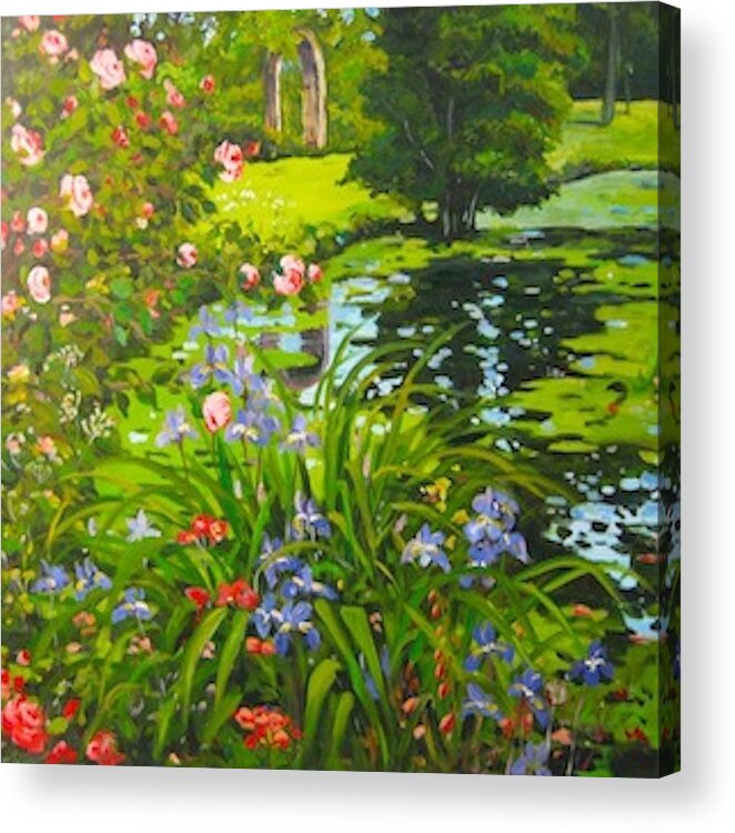 Landscape Acrylic Print featuring the painting Irises on the Pond by Ingrid Dohm