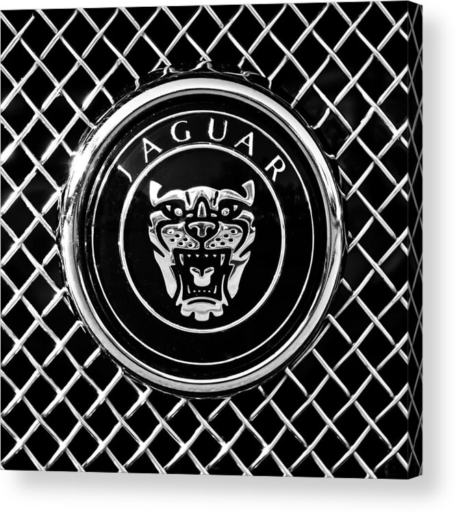 Jaguar Grille Emblem Acrylic Print featuring the photograph Jaguar Grille Emblem -0317bw by Jill Reger