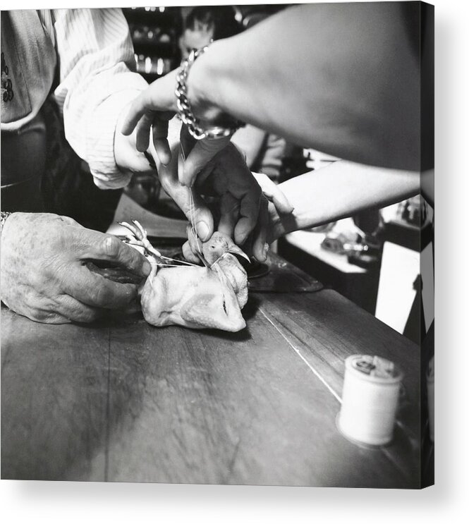 Indoors Acrylic Print featuring the photograph James Beard Preparing Squab by Ernst Beadle