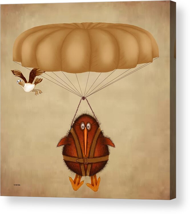 Kiwi Acrylic Print featuring the digital art Kiwi bird Kev parachuting by Marlene Watson