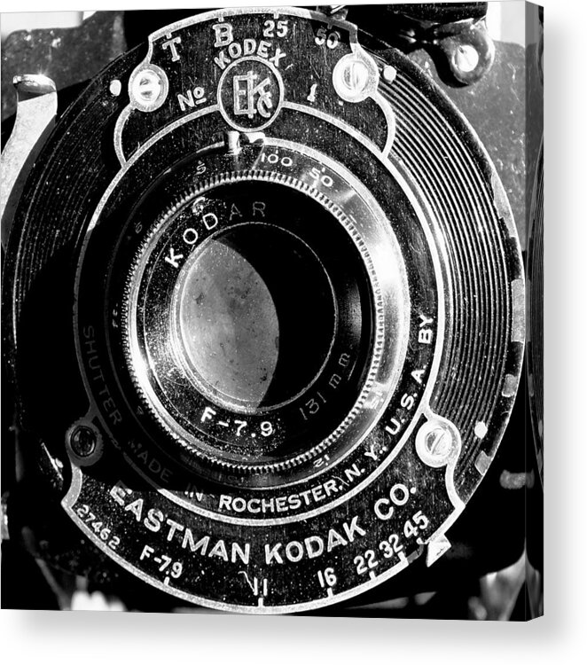 Camera Lens Rochester Aperture Vintage Black & White Film Photography Eastman Kodak Folding Brownie Acrylic Print featuring the photograph Kodak Brownie 2 by Guy Pettingell