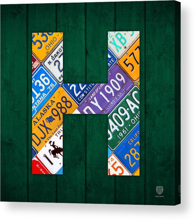 Letter Acrylic Print featuring the mixed media Letter H Alphabet Vintage License Plate Art by Design Turnpike