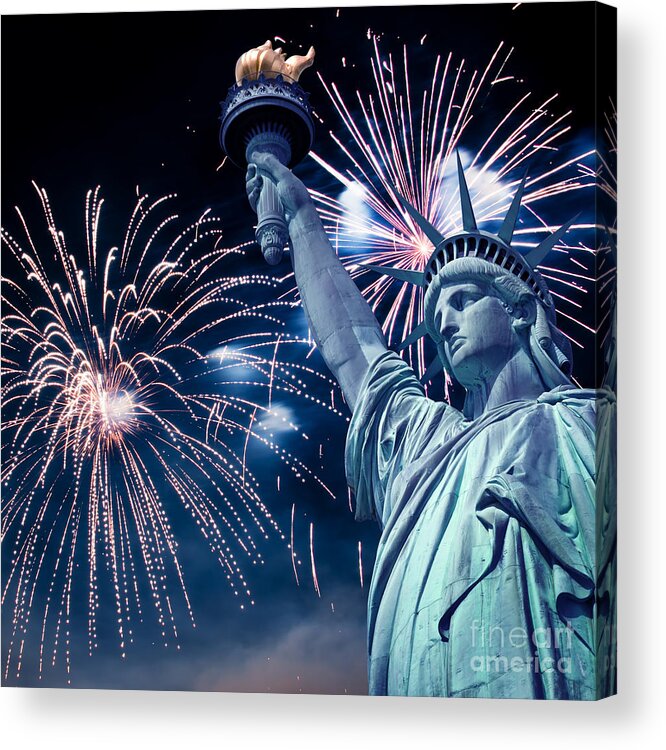 Statue Acrylic Print featuring the photograph Statue of Liberty fireworks by Delphimages Photo Creations