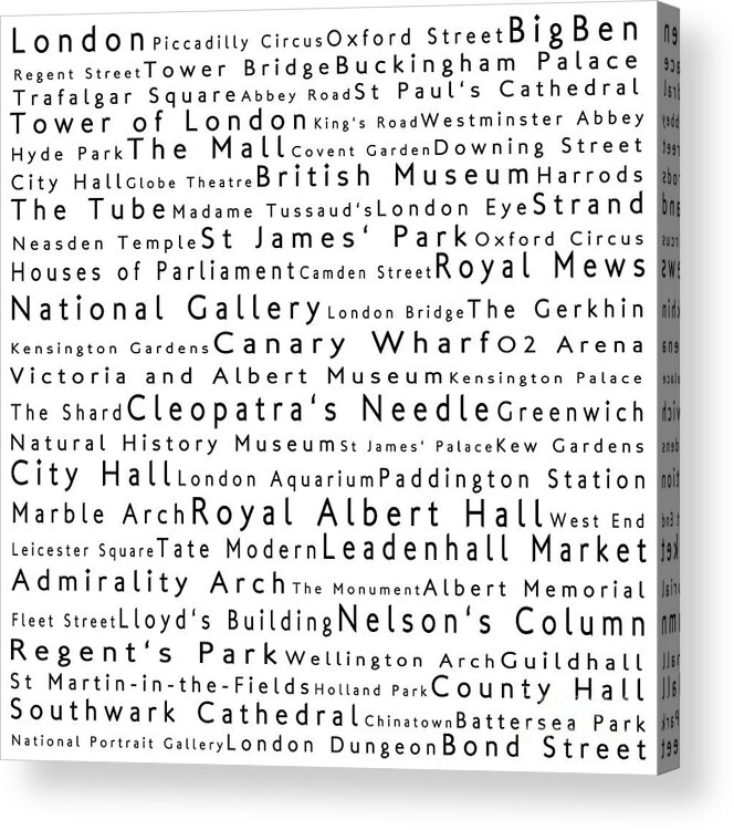 Cities Acrylic Print featuring the digital art London in Words White by Sabine Jacobs