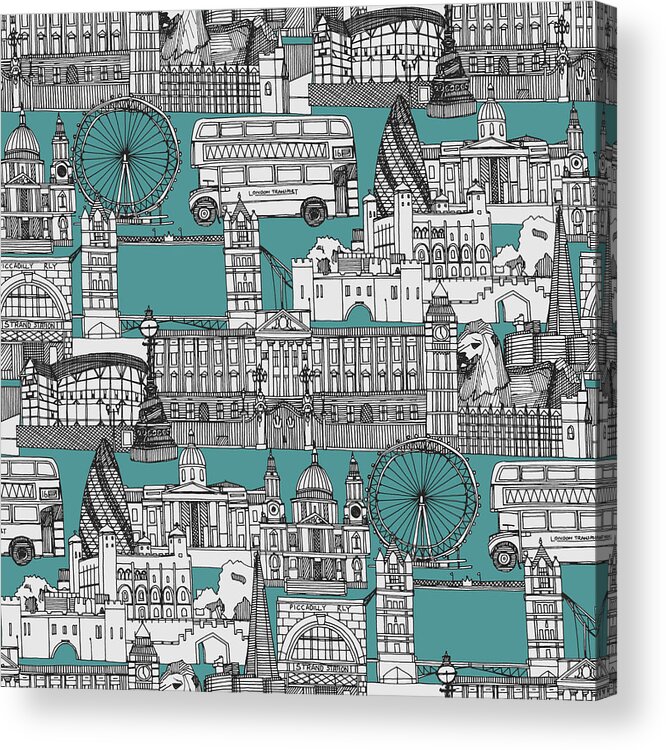 Includes The Tower Of London Acrylic Print featuring the drawing London toile blue by MGL Meiklejohn Graphics Licensing