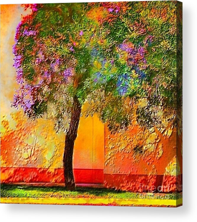 Sharkcrossing Acrylic Print featuring the painting S Lone Tree Orange Wall - Square by Lyn Voytershark