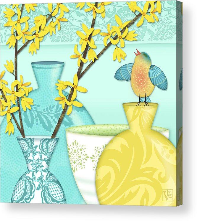 Forsythia Acrylic Print featuring the digital art Looking for Spring by Valerie Drake Lesiak