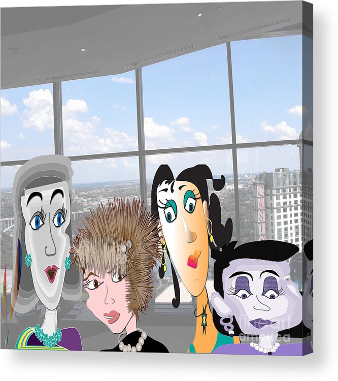 Cartoon Acrylic Print featuring the digital art Luncheon with the girls by Iris Gelbart