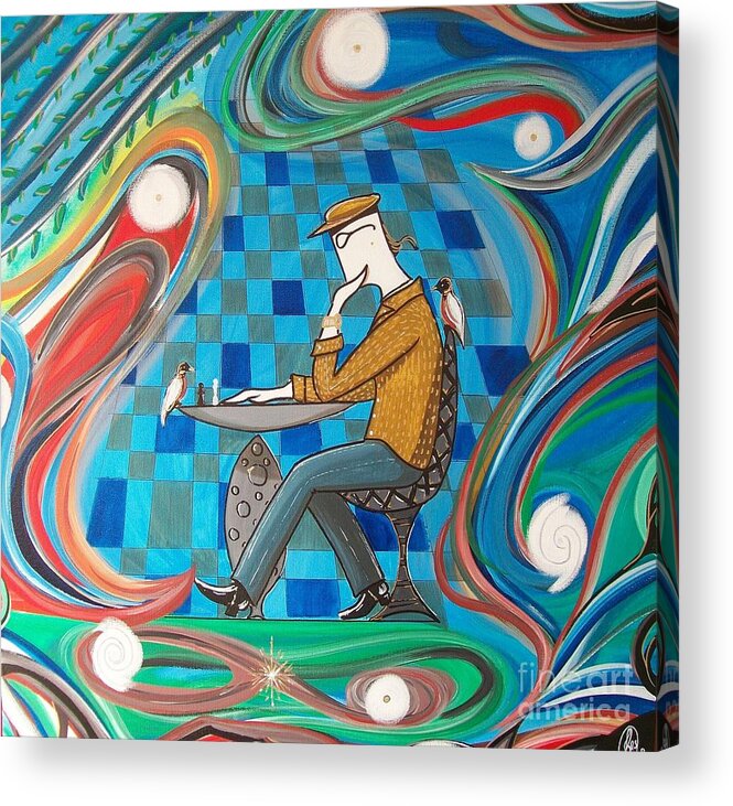 Johnlyes Acrylic Print featuring the painting Man Sitting in Chair Contemplating Chess with a Bird by John Lyes