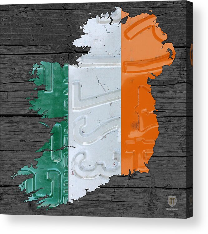 Map Acrylic Print featuring the mixed media Map of Ireland Plus Irish Flag License Plate Art on Gray Wood Board by Design Turnpike