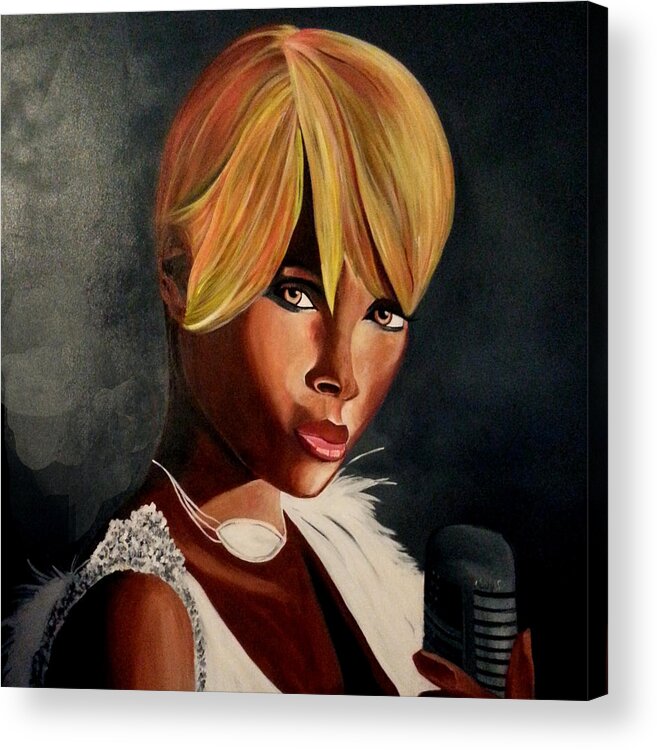 Celebrity Portrait Mary J In White And Shades Of Gray Acrylic Print featuring the painting Mary J by Femme Blaicasso
