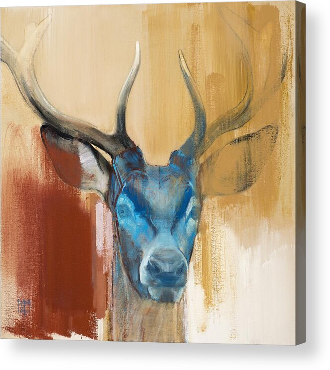 Deer; Stag; Red Deer; Animal; Animals; Mask; Antler; Antlers; Head; Blue; Abstract; Red; Yellow; Wild; Animal Head; Wildlife; Mark; Mark Adlington; Adlington; Adlington; Young Stag; Young Deer; Acrylic Print featuring the painting Mask by Mark Adlington