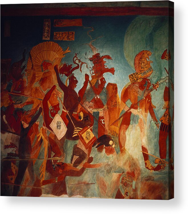 Ancient Acrylic Print featuring the painting Maya Fresco At Bonampak by George Holton