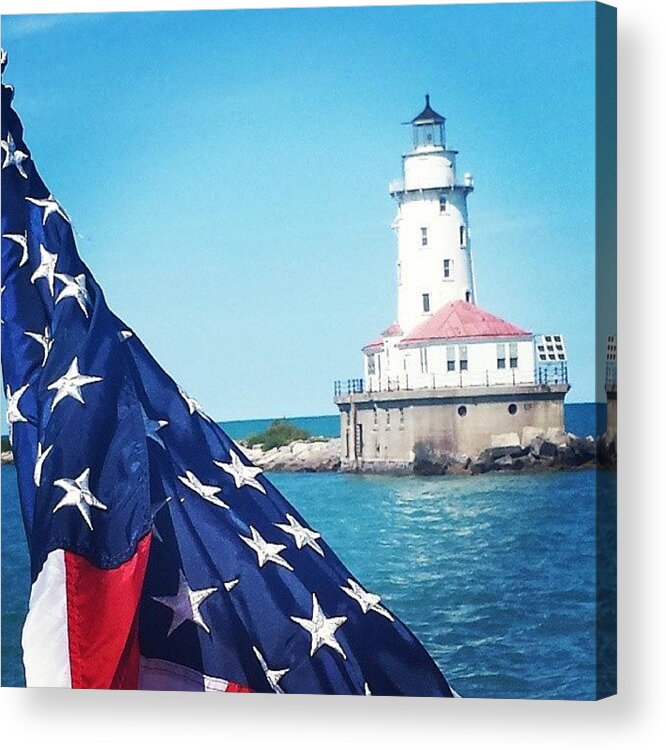 Lighthouse Acrylic Print featuring the photograph 'merica. #chicago #lighthouse #flag by Kristin Hertko