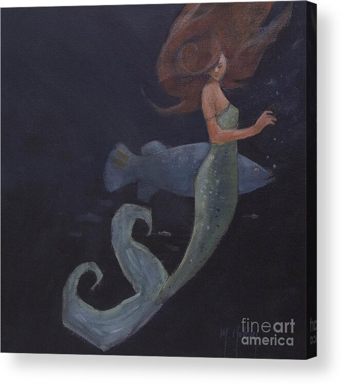 Mermaid Acrylic Print featuring the painting Mermaid and the Blue Fish by Mary Hubley