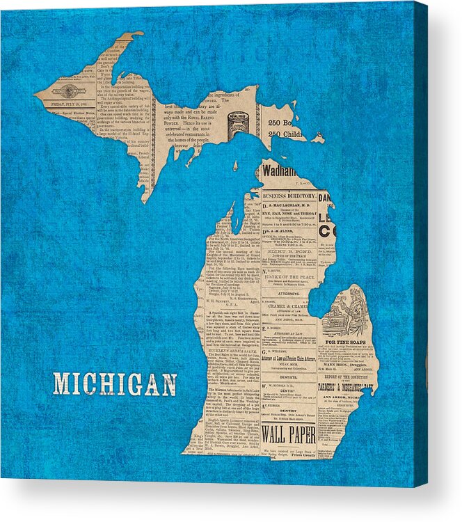 Michigan Acrylic Print featuring the mixed media Michigan Map Made of Vintage Newspaper Clippings on Blue Canvas by Design Turnpike