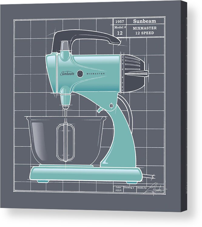 Mid Century Acrylic Print featuring the drawing MixMaster - aqua by Larry Hunter