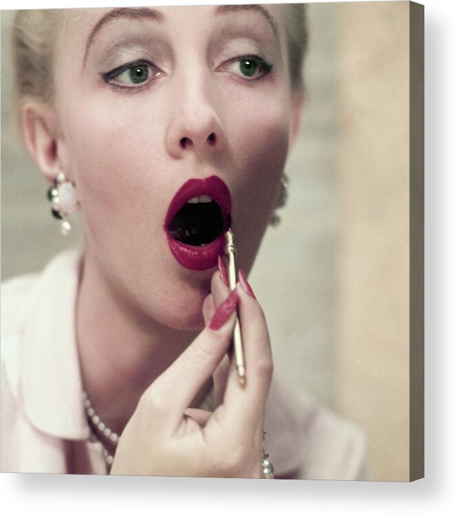 One Person Acrylic Print featuring the photograph Model Applying Revlon Lipstick by Frances McLaughlin-Gill