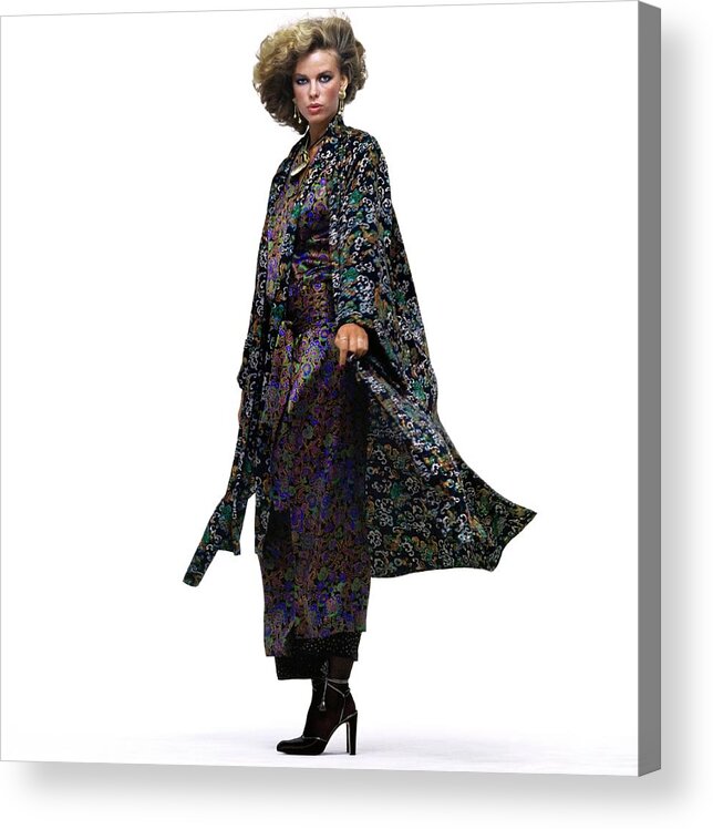 Accessories Acrylic Print featuring the photograph Model Wearing A Floral Ensemble by Arthur Elgort